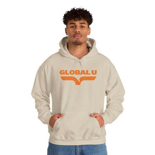 Global U Logo Hoodie — Retro Orange College-Style Pullover