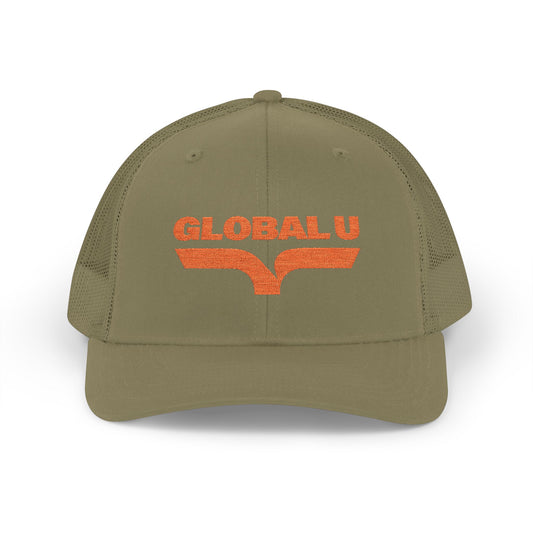 Global U Embroidered Trucker Cap — Olive Snapback Mesh Hat